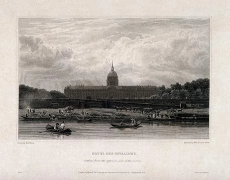 Htel des Invalides, Paris: panoramic view from the river. Engraving by Eliz.. Stock Illustration
