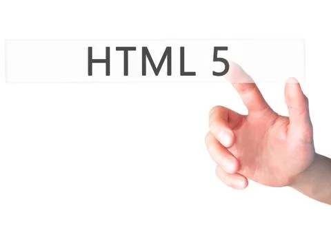 HTML 5 - Hand pressing a button on blurred background concept on visual scree Stock Photos