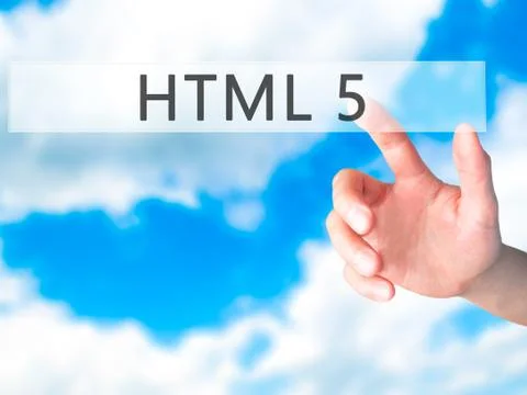 HTML 5 - Hand pressing a button on blurred background concept on visual scree Stock Photos