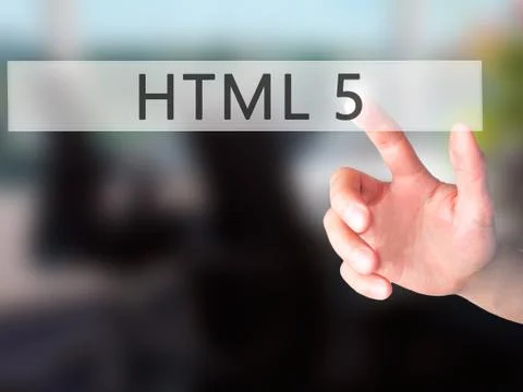 HTML 5 - Hand pressing a button on blurred background concept on visual scree Foto stock