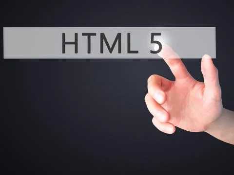 HTML 5 - Hand pressing a button on blurred background concept on visual scree Stock Photos