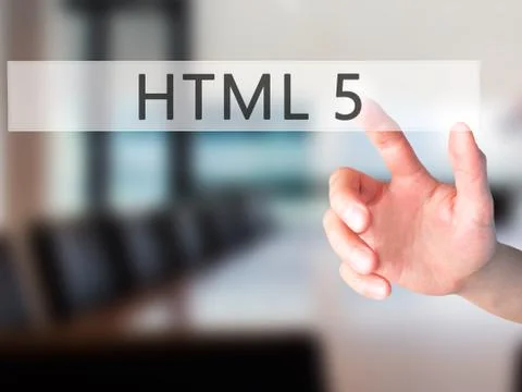 HTML 5 - Hand pressing a button on blurred background concept on visual scree Foto stock