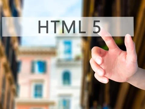 HTML 5 - Hand pressing a button on blurred background concept on visual scree Foto stock