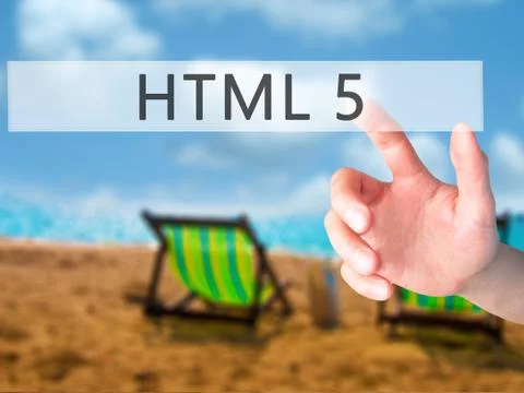HTML 5 - Hand pressing a button on blurred background concept on visual scree Stock Photos
