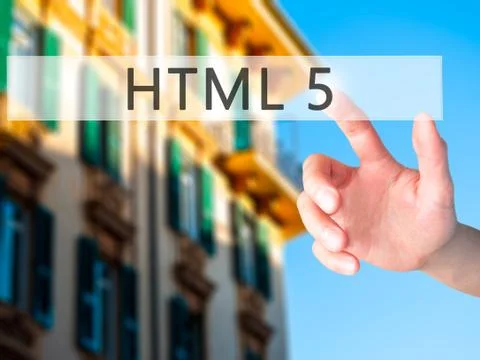 HTML 5 - Hand pressing a button on blurred background concept on visual scree Stock Photos