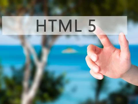 HTML 5 - Hand pressing a button on blurred background concept on visual scree Stock Photos