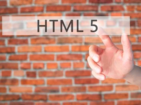 HTML 5 - Hand pressing a button on blurred background concept on visual scree Stock Photos
