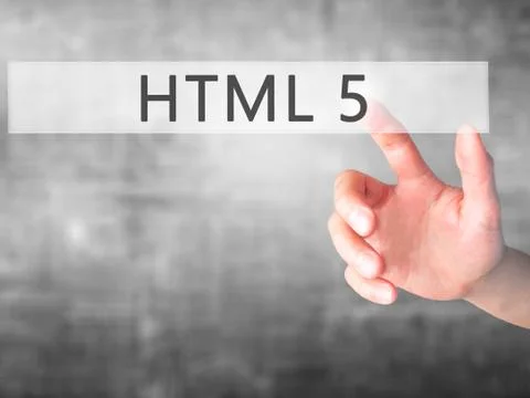 HTML 5 - Hand pressing a button on blurred background concept on visual scree Stock Photos