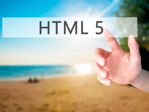 HTML 5 - Hand pressing a button on blurred background concept on visual scree Stock Photos
