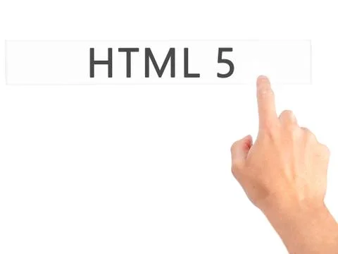 HTML 5 - Hand pressing a button on blurred background concept on visual scree Stock Photos