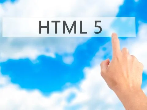 HTML 5 - Hand pressing a button on blurred background concept on visual scree Foto stock