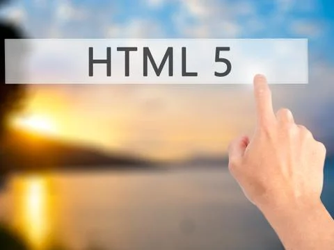 HTML 5 - Hand pressing a button on blurred background concept on visual scree Foto stock