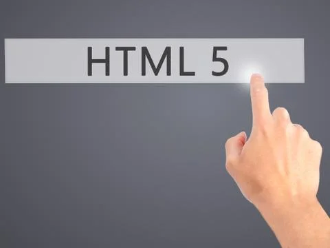 HTML 5 - Hand pressing a button on blurred background concept on visual scree Stock Photos