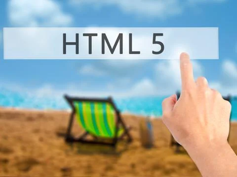 HTML 5 - Hand pressing a button on blurred background concept on visual scree Stock Photos