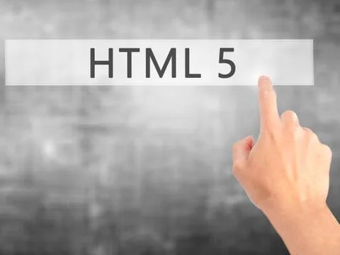 HTML 5 - Hand pressing a button on blurred background concept on visual scree Stock Photos