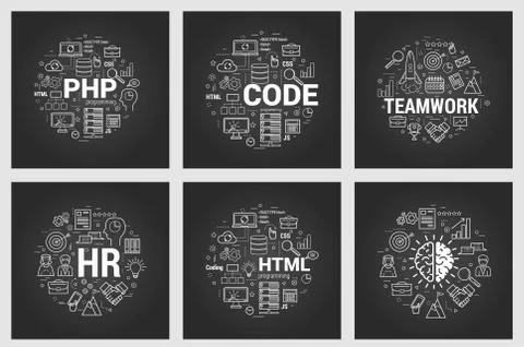 Html and teamwork - six square black concepts Illustrazione stock