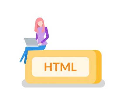 HTML Button, Woman Programmer with Laptop, Coding Stock Illustration