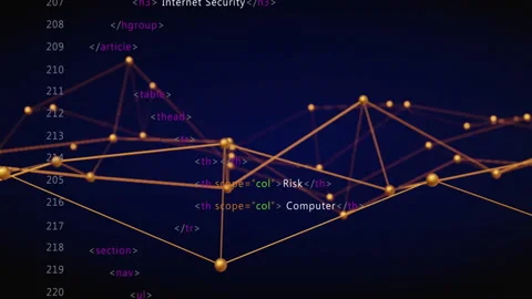 HTML code and network connections animation over dark blue background Stock Footage 306432834