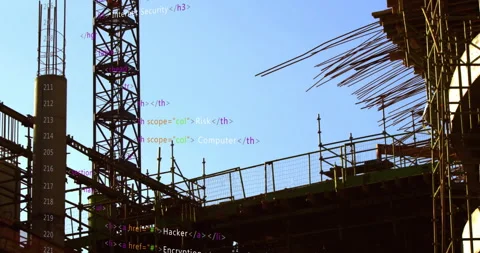 HTML code animation over construction site with scaffolding and crane Stock Footage 303615833