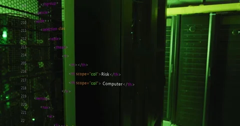 HTML code animation over green-lit server room Stock Footage 306507602