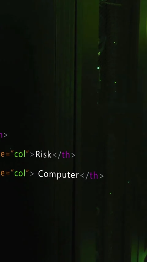 HTML code animation over green-lit server room Video stock 343682646