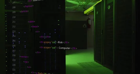 HTML code animation over server room with green lighting Stock Footage 305726493