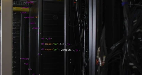 HTML code animation over server racks in data center Stock Footage 305726618