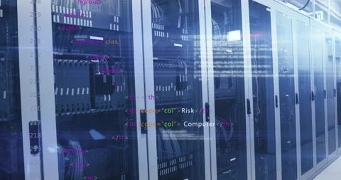HTML code animation over server racks in data center Stock Footage 306199525
