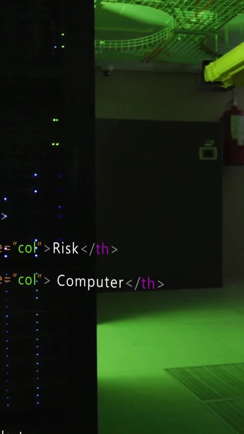 HTML code animation over server room with green lighting Vidéo 342954329