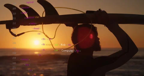 HTML code animation over silhouette of person carrying surfboard at sunset Stock Footage 304310951