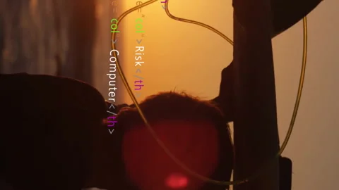 HTML code animation over silhouette of person carrying surfboard at sunset Stock Footage 313166615