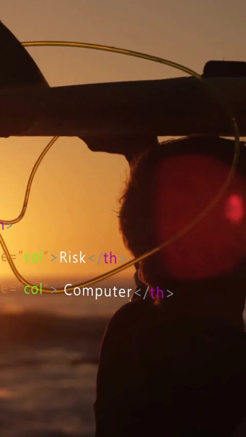 HTML code animation over silhouette of person carrying surfboard at sunset Stock Footage 319976004