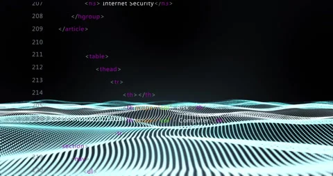 HTML code animation over undulating grid lines on dark background Stock Footage 305431728