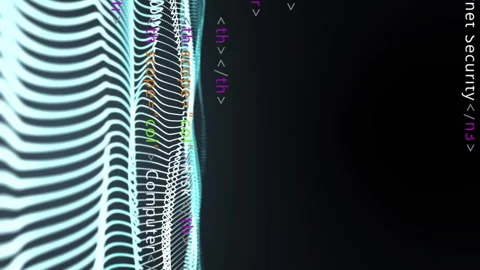 HTML code animation over undulating grid lines on dark background Stock Footage 313095555