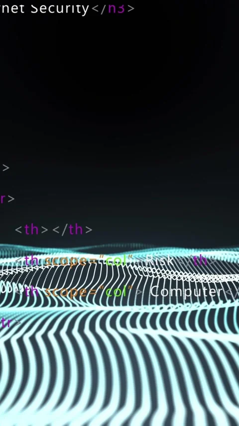 HTML code animation over undulating grid lines on dark background Stock Footage 320093988