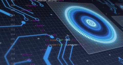 HTML code appearing left, spawning blue traces sweeping to pulsing HUD, showing Stock Footage 320916132