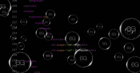 HTML code with bubbles containing 6G text animation Stock Footage 305220438