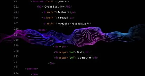 HTML code with colorful wave image over black background Stockillustratie