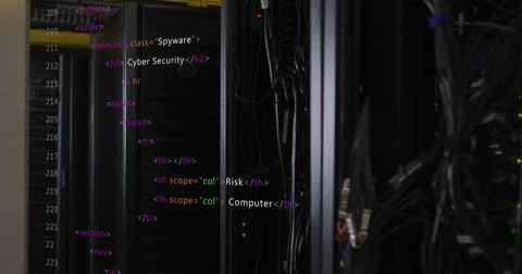 HTML code image over server racks in data center Illustrazione stock