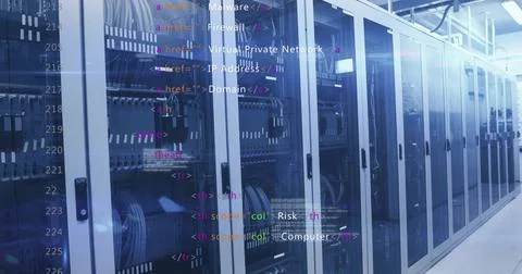 HTML code image over server racks in data center Stock Photos