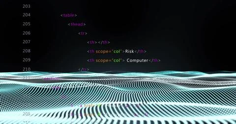 HTML code image over undulating grid lines on dark background Stock Illustration