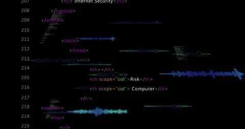 HTML code lines scrolling in dark editor, overlaying cyan audio waveforms Stock Footage 309106442