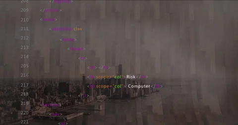 HTML code overlaying cityscape and river view with animation text Stock Footage 305830004