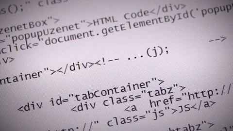 HTML code scrolling over white background on computer screen Stock Footage 86380172