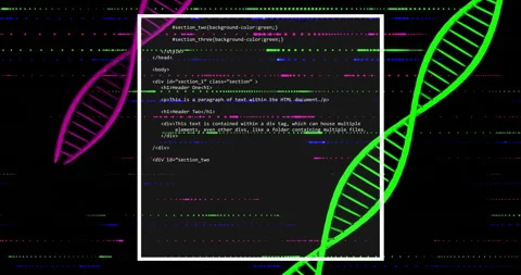 HTML code snippet over DNA strand animation with colorful lines Stock Footage 305431940