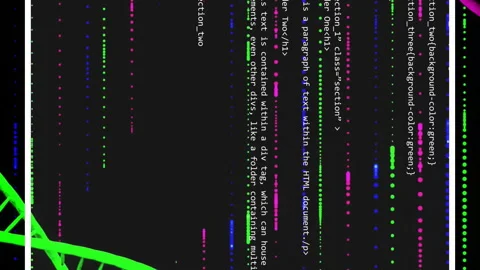 HTML code snippet over DNA strand animation with colorful lines Stock Footage 313140614