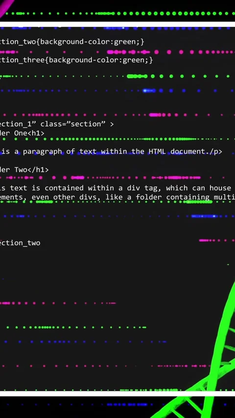 HTML code snippet over DNA strand animation with colorful lines Stock Footage 320094039