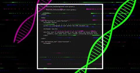 HTML code snippet over DNA strand image with colorful lines Foto stock