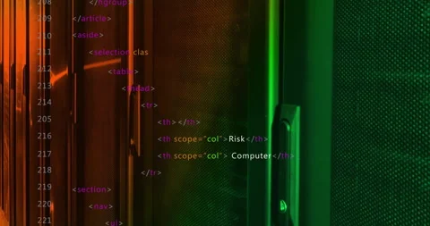 HTML code with Spywar class animation over colorful server room background Stock Footage 305726657