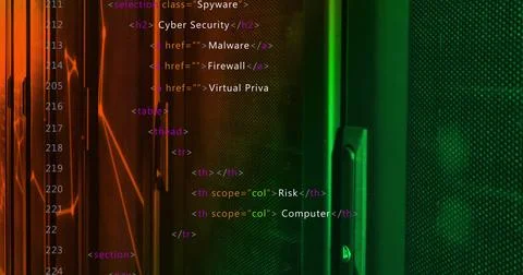 HTML code with Spywar class image over colorful server room background Stock Illustration